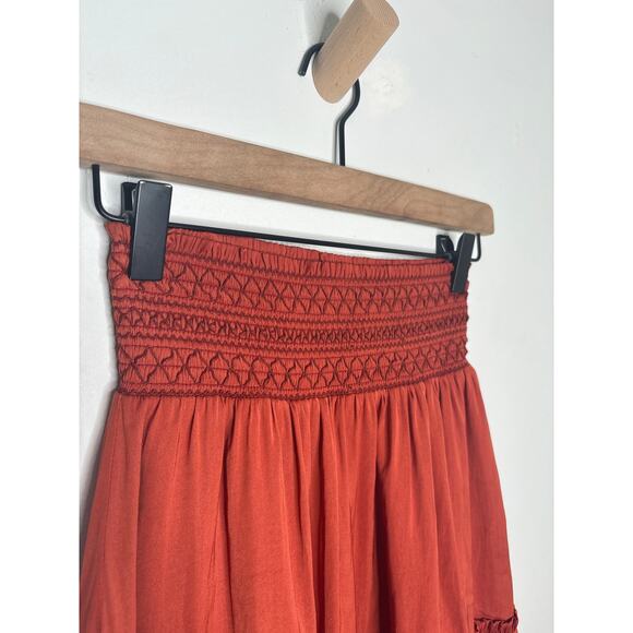 Boden Smocked Tiered Ruffle Mini Skirt Size 2 Burnt Orange Red Fall Boho - Picture 3 of 8